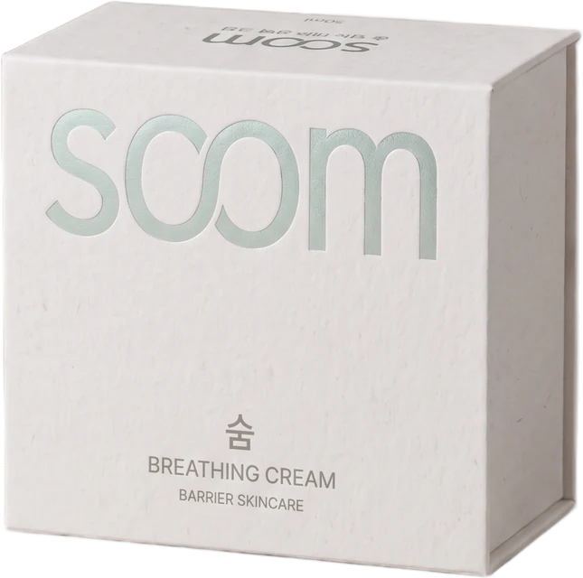 Breathing Cream drawer box in textured white with a mint-foil soom wordmark