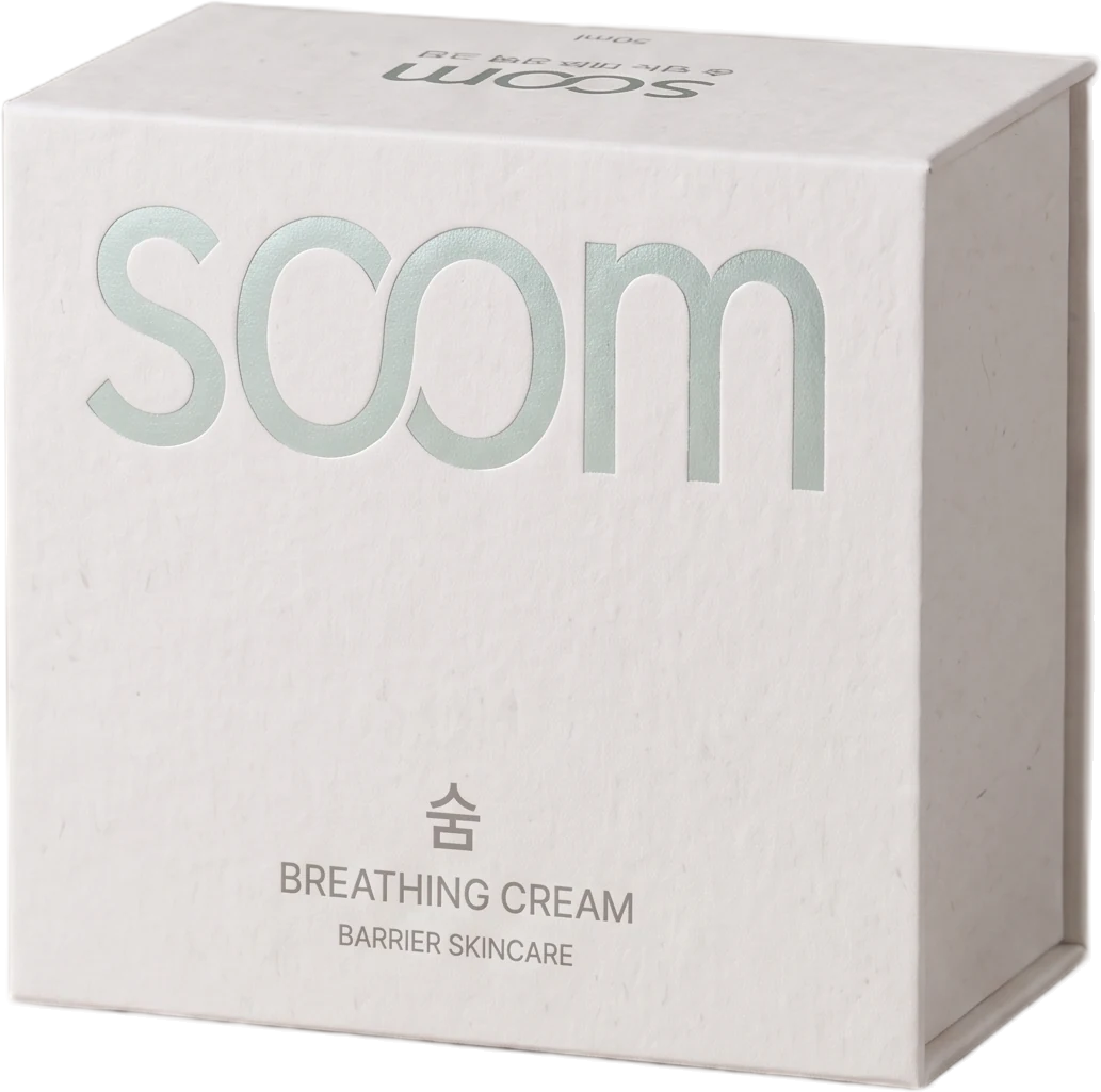 Breathing Cream drawer box in textured white with a mint-foil soom wordmark