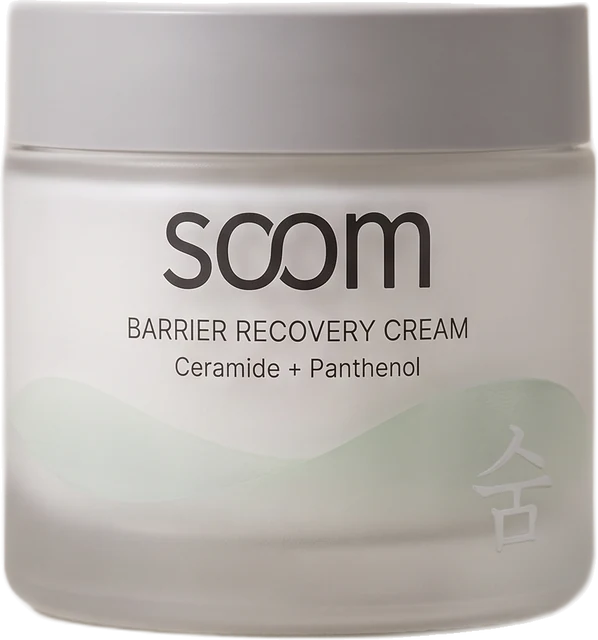 Barrier Recovery Cream frosted glass jar with a grey lid and an embossed 숨