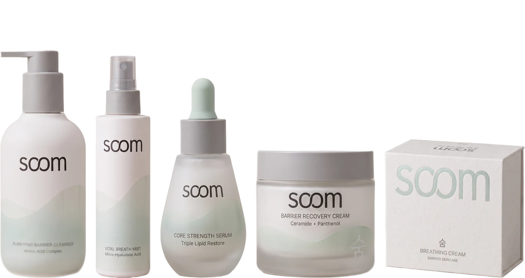 The whole soom range standing together: cleanser, mist, serum, jar and drawer box