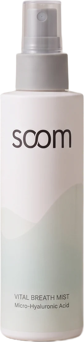 Vital Breath Mist spray bottle, tall and white with a mint breath-wave