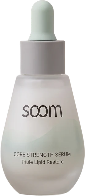 Core Strength Serum dropper bottle, a frosted teardrop with a mint pipette