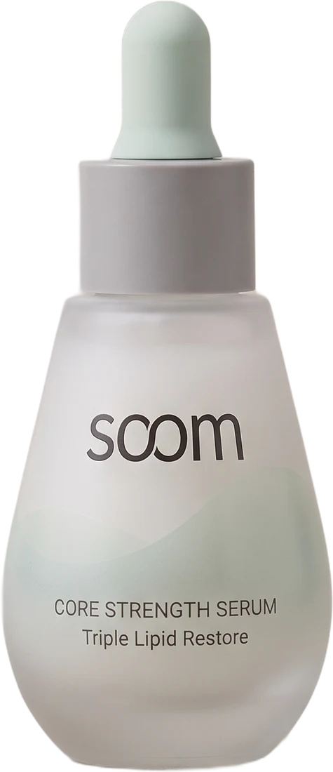 Core Strength Serum dropper bottle, a frosted teardrop with a mint pipette