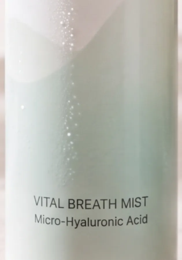 Close crop of the mist bottle: the breath-wave and fine bubbles under the label