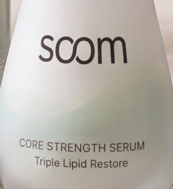 Close crop of the serum bottle label: Core Strength Serum, Triple Lipid Restore