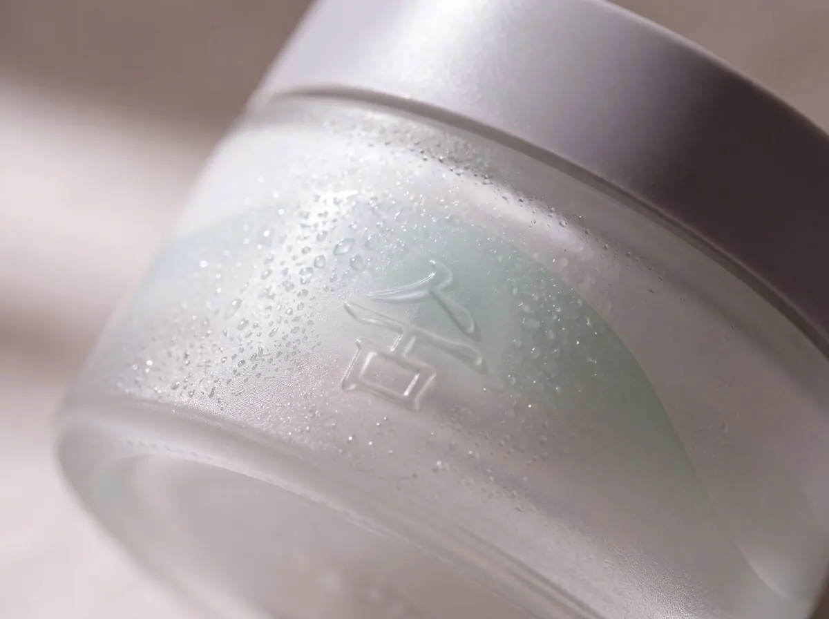 Close crop of the frosted jar with a bead of water and the embossed 숨