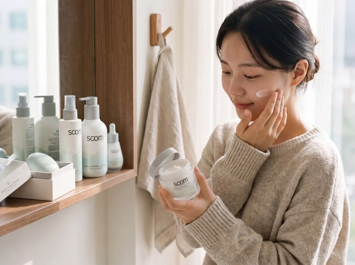 A woman at a bright bathroom window, smoothing cream onto her cheek, the soom range on the sill