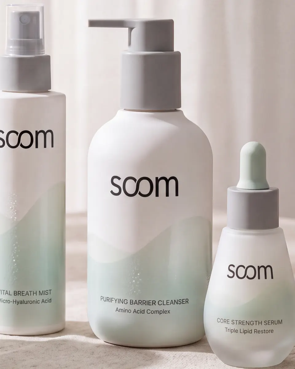 The cleanser standing on soft linen beside the mist and serum
