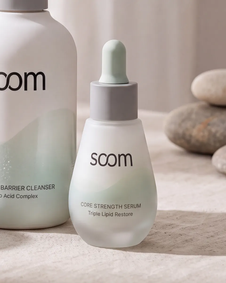 The serum on linen beside smooth river stones